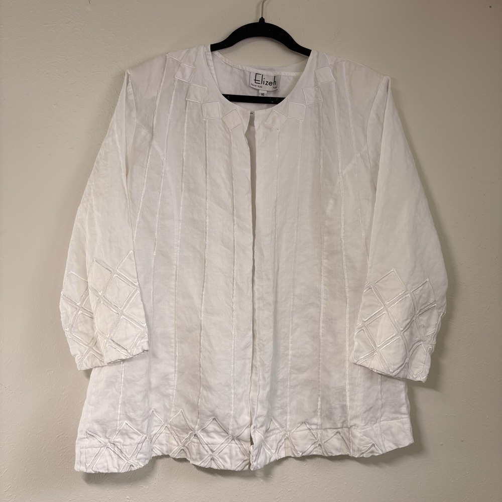 Vtg Elizeh Sz 16 White Linen Three-Piece Set Resortwear Embroidered Lagenlook
